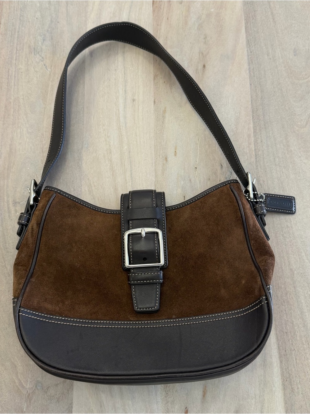 Coach Vintage Hampton Brown Suede Canvas Hobo Shoulder Bag Y2K Authentic